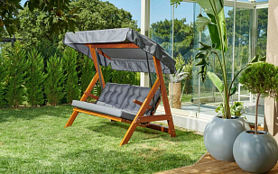 Качели двухместные Lite Paris с серыми подушками для дачи Качели двухместные Lite Paris с серыми подушками, садовая мебель