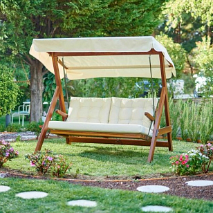 Качели двухместные Lite Paris с бежевыми подушками для дачи Качели двухместные Lite Paris с бежевыми подушками, садовая мебель