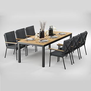 Обеденная зона Gardenini Premium Bella 220 Карбон / Темно-серый со стульями Calma S для дачи Обеденная зона Gardenini Premium Bella 220 Карбон / Темно-серый со стульями Calma S, садовая мебель