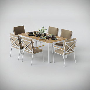Обеденная зона Gardenini Premium Bella 180 Белый / Бежевый со стульями Calma S для дачи Обеденная зона Gardenini Premium Bella 180 Белый / Бежевый со стульями Calma S, садовая мебель