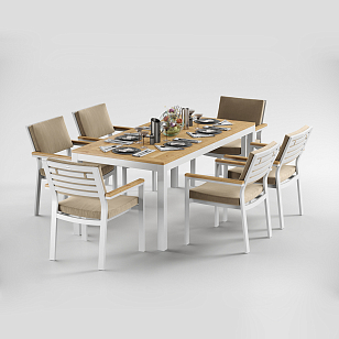 Обеденная зона Gardenini Premium Bella 180 Белый / Бежевый со стульями Bella для дачи Обеденная зона Gardenini Premium Bella 180 Белый / Бежевый со стульями Bella, садовая мебель