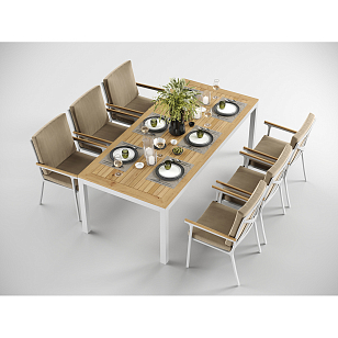 Обеденная зона Gardenini Premium Bella 220 Белый / Бежевый со стульями Calma S для дачи Обеденная зона Gardenini Premium Bella 220 Белый / Бежевый со стульями Calma S, садовая мебель
