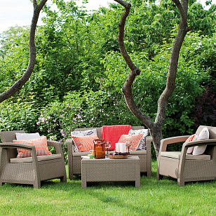 Лаунж зона Keter Corfu Set капучино для дачи Лаунж зона Keter Corfu Set капучино, садовая мебель